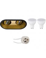 LED Spot Set - Pragmi Zano Pro - GU10 Fitting - Inbouw Ovaal Dubbel - Mat Zwart/Goud - 4W - Warm Wit 3000K - Kantelbaar - 185x93mm