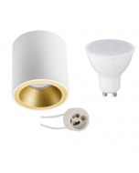 Opbouwspot Set - Pragmi Cliron Pro - GU10 Fitting - Opbouw Rond - Mat Wit/Goud - 4W - Warm Wit 3000K - Verdiept - Ø90mm