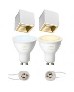 PHILIPS HUE - Opbouwspot Set GU10 - White Ambiance - Bluetooth - Pragmi Cliron Pro - Opbouw Vierkant - Mat Wit/Goud - Verdiept - 90mm