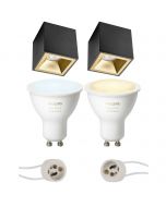 PHILIPS HUE - Opbouwspot Set GU10 - White Ambiance - Bluetooth - Pragmi Cliron Pro - Opbouw Vierkant - Mat Zwart/Goud - Verdiept - 90mm