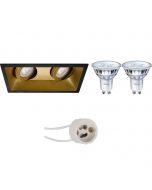 PHILIPS - LED Spot Set - SceneSwitch 827 36D - Pragmi Zano Pro - GU10 Fitting - Dimbaar - Inbouw Rechthoek Dubbel - Mat Zwart/Goud - 1.5W-5W - Warm Wit 2200K-2700K - Kantelbaar - 185x93mm