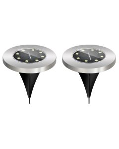 LED Grondspot met Zonne-energie - Set 2 Stuks - Aigi Grido - Inbouw Rond - 0.2W - Waterdicht IP44 - Helder/Koud Wit 6500K - Mat Zilver - RVS