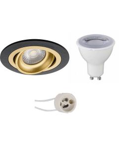 LED Spot Set - Pragmi Alpin Pro - GU10 Fitting - Dimbaar - Inbouw Rond - Mat Zwart/Goud - 6W - Helder/Koud Wit 6400K - Kantelbaar Ø92mm