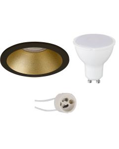 LED Spot Set - Pragmi Pollon Pro - GU10 Fitting - Inbouw Rond - Mat Zwart/Goud - 4W - Warm Wit 3000K - Verdiept - Ø82mm