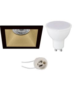 LED Spot Set - Pragmi Pollon Pro - GU10 Fitting - Inbouw Vierkant - Mat Zwart/Goud - 4W - Warm Wit 3000K - Verdiept - 82mm