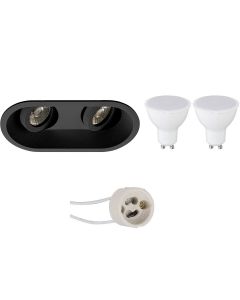 LED Spot Set - Pragmi Zano Pro - GU10 Fitting - Inbouw Ovaal Dubbel - Mat Zwart - 4W - Warm Wit 3000K - Kantelbaar - 185x93mm