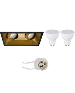 LED Spot Set - Pragmi Zano Pro - GU10 Fitting - Inbouw Rechthoek Dubbel - Mat Zwart/Goud - 4W - Warm Wit 3000K - Kantelbaar - 185x93mm