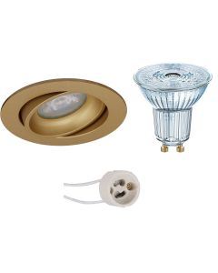 OSRAM - LED Spot Set - Parathom PAR16 927 36D - Pragmi Delton Pro - GU10 Fitting - Dimbaar - Inbouw Rond - Mat Goud - 3.7W - Warm Wit 2700K - Kantelbaar - Ø82mm