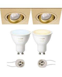 PHILIPS HUE - LED Spot Set GU10 - White Ambiance - Bluetooth - Pragmi Borny Pro - Inbouw Vierkant - Mat Goud - Kantelbaar - 92mm