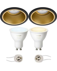 PHILIPS HUE - LED Spot Set GU10 - White Ambiance - Bluetooth - Pragmi Minko Pro - Inbouw Rond - Mat Zwart/Goud - Verdiept - Ø90mm