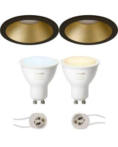 PHILIPS HUE - LED Spot Set GU10 - White Ambiance - Bluetooth - Pragmi Pollon Pro - Inbouw Rond - Mat Zwart/Goud - Verdiept - Ø82mm