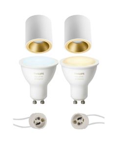 PHILIPS HUE - Opbouwspot Set GU10 - White Ambiance - Bluetooth - Pragmi Cliron Pro - Opbouw Rond - Mat Wit/Goud - Verdiept - Ø90mm