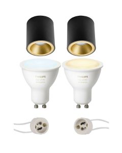 PHILIPS HUE - Opbouwspot Set GU10 - White Ambiance - Bluetooth - Pragmi Cliron Pro - Opbouw Rond - Mat Zwart/Goud - Verdiept - Ø90mm