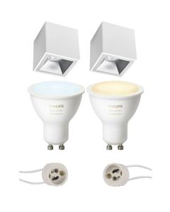 PHILIPS HUE - Opbouwspot Set GU10 - White Ambiance - Bluetooth - Pragmi Cliron Pro - Opbouw Vierkant - Mat Wit/Zilver - Verdiept - 90mm