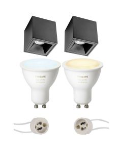 PHILIPS HUE - Opbouwspot Set GU10 - White Ambiance - Bluetooth - Pragmi Cliron Pro - Opbouw Vierkant - Mat Zwart - Verdiept - 90mm