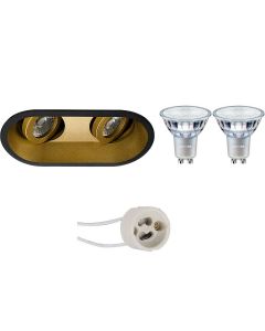 PHILIPS - LED Spot Set - MASTER 927 36D VLE - Pragmi Zano Pro - GU10 Fitting - DimTone Dimbaar - Inbouw Ovaal Dubbel - Mat Zwart/Goud - 3.7W - Warm Wit 2200K-2700K - Kantelbaar - 185x93mm