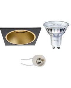 PHILIPS - LED Spot Set - SceneSwitch 827 36D - Pragmi Minko Pro - GU10 Fitting - Dimbaar - Inbouw Vierkant - Mat Zwart/Goud - 1.5W-5W - Warm Wit 2200K-2700K - Verdiept - 90mm