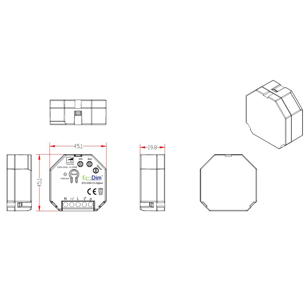 EcoDim - LED-Unterputzdimmer Modul - Smart WiFi - ECO-DIM.10 - Phasenabschnittdimmer RC - Z-Wave - 0-250W