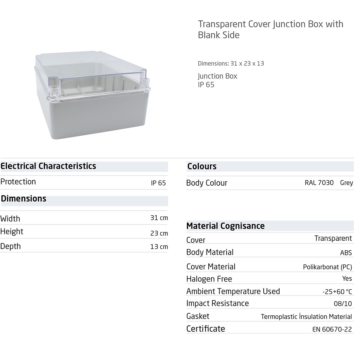 Kabeldose - Abzweigdose - Velvalux Panoboxpro - Verteilerdose - IP65 - IK10 - 230x310x130mm - Grau - Transparentes Deckel