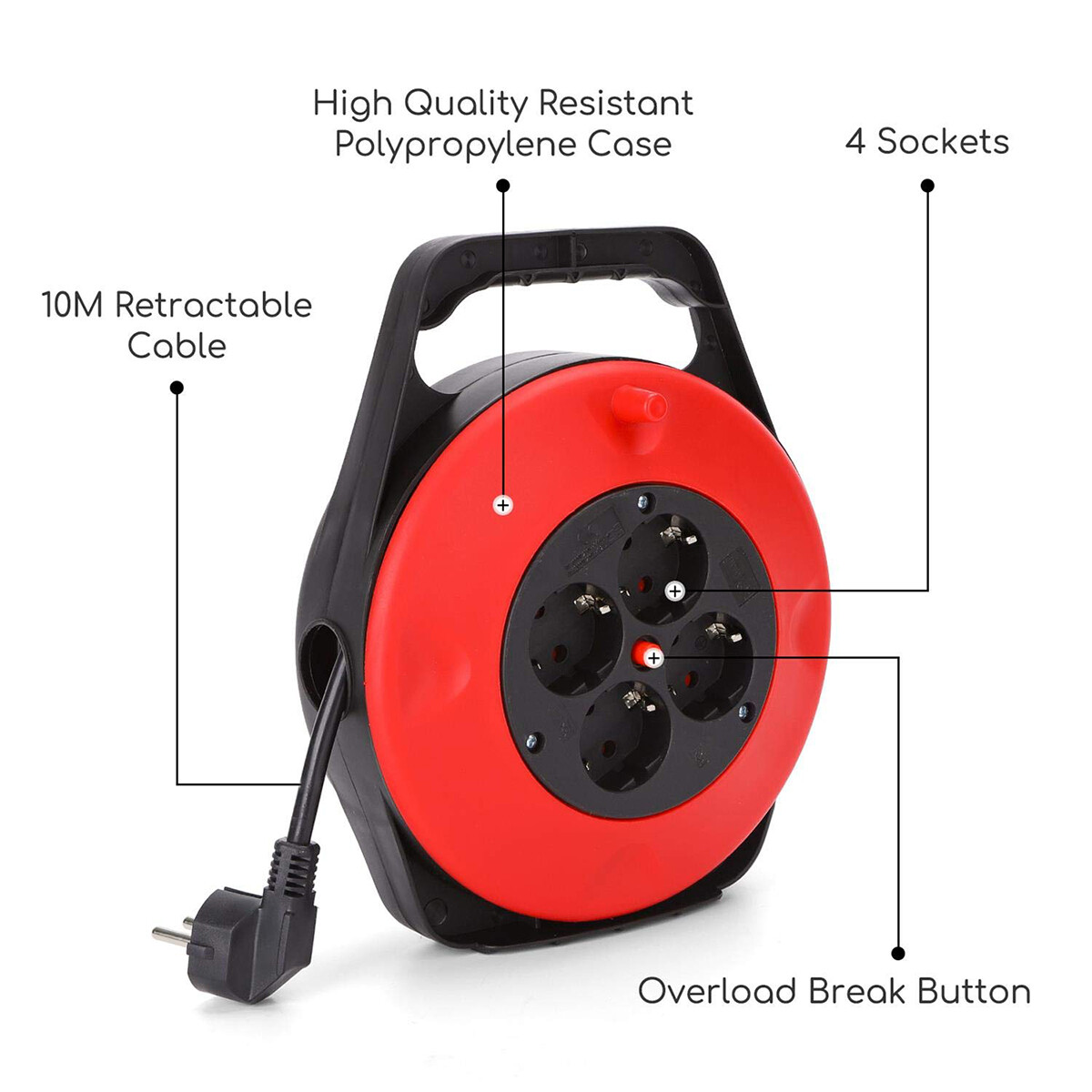 Kabeltrommel - Aigi Ronin - 4 Steckdosen - 10 Meter - Rot | Schutzkontakt