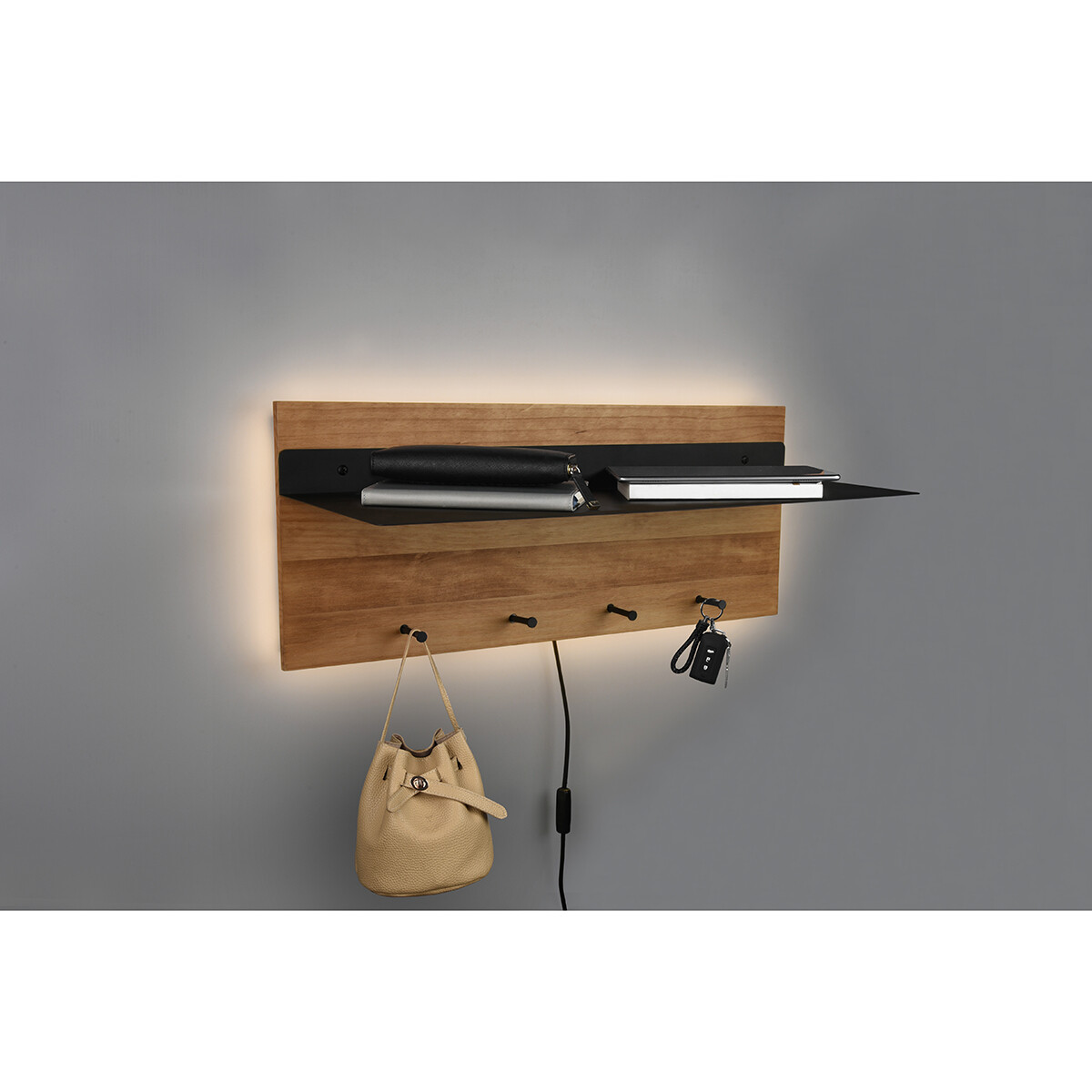 Garderobe - Trion Sammy - Wandgarderobe mit LED Beleuchtung und Korb - 10W - Warmweiß 3000K - Braun