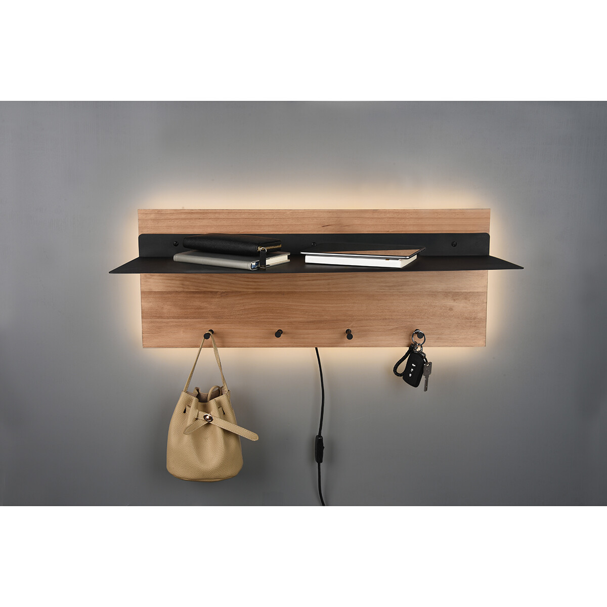 Garderobe - Trion Sammy - Wandgarderobe mit LED Beleuchtung und Korb - 10W - Warmweiß 3000K - Braun