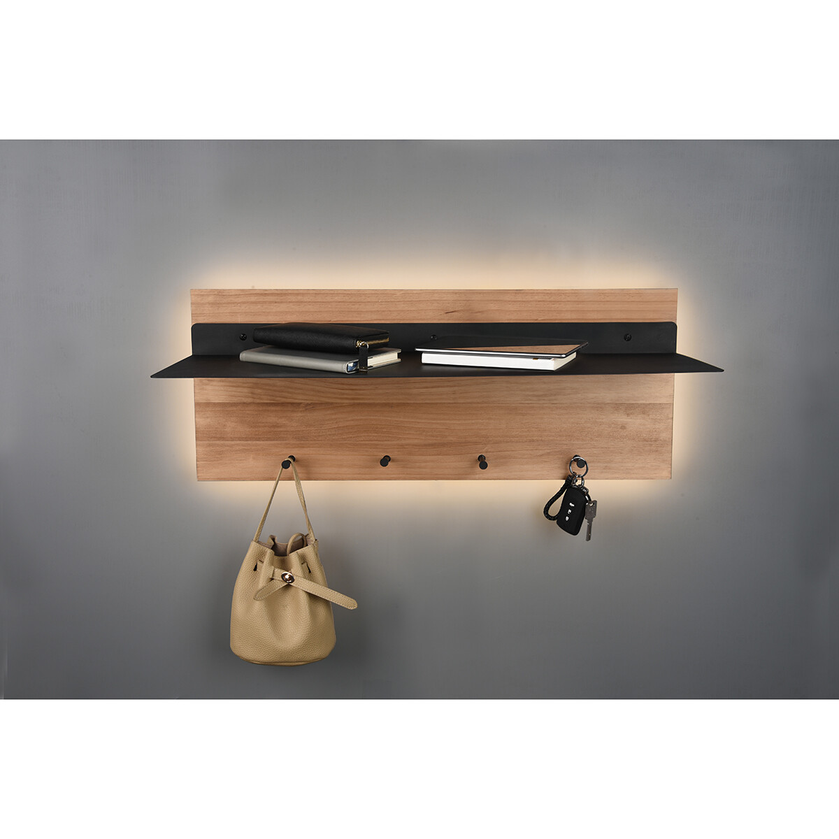 Garderobe - Trion Sammy - Wandgarderobe mit LED Beleuchtung und Korb - 10W - Warmweiß 3000K - Braun