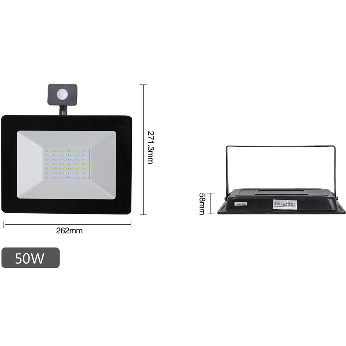 LED Baustrahler 50 Watt mit Sensor - LED Flutlicht - Aigi Stado - Kaltweiß 6400K - Wasserdicht IP65 - Matt Schwarz - Aluminium