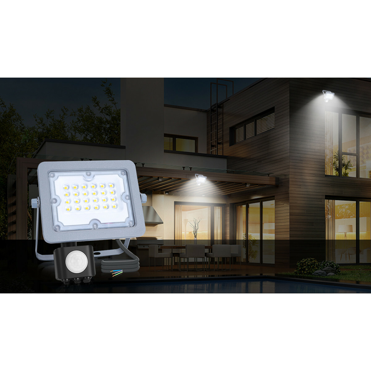 LED Baustrahler mit Sensor - Aigi Zuino - 20 Watt - Kaltweiß 6500K - Wasserdicht IP65 - Schwenkbar - Mattgrau - Aluminium