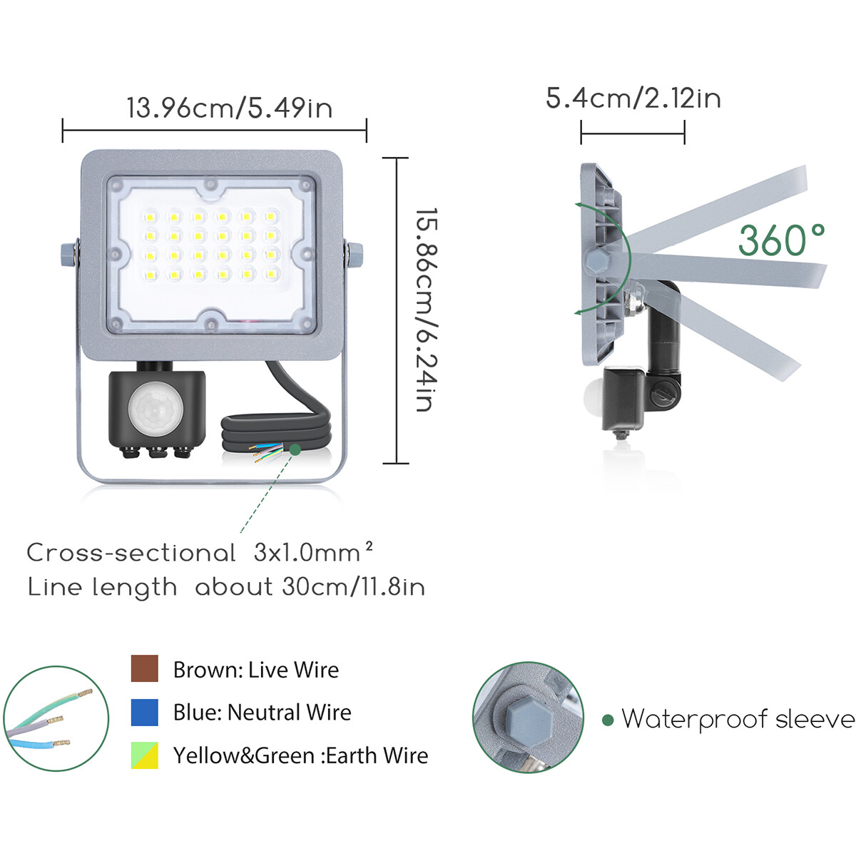 LED Baustrahler mit Sensor - Aigi Zuino - 20 Watt - Kaltweiß 6500K - Wasserdicht IP65 - Schwenkbar - Mattgrau - Aluminium