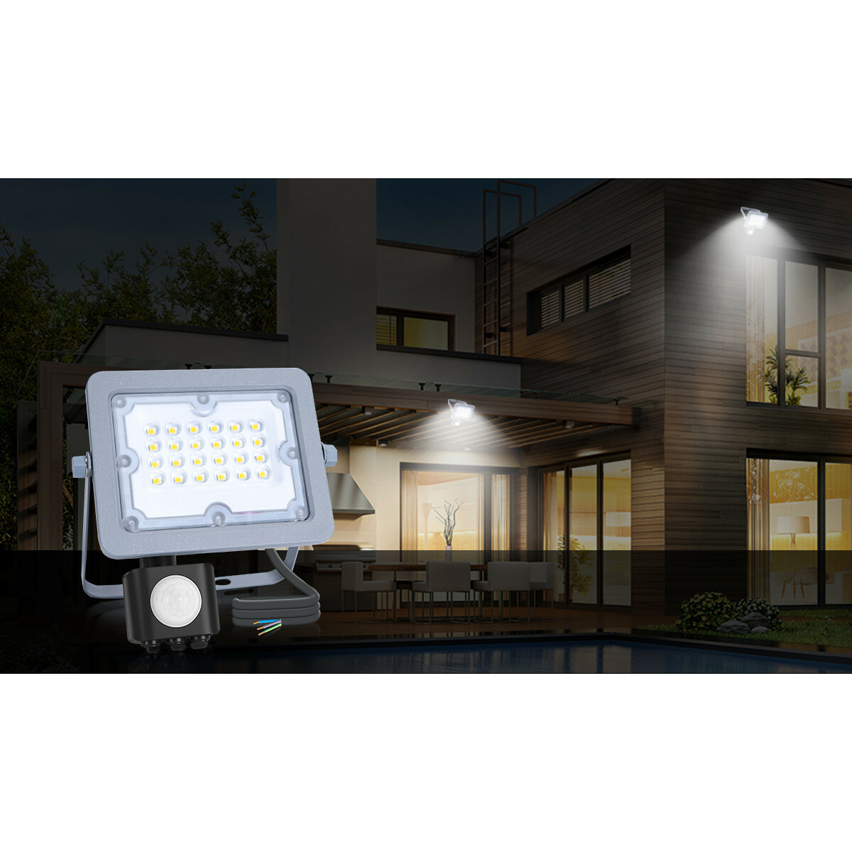 LED Baustrahler mit Sensor - Aigi Zuino - 20 Watt - Neutralweiß 4000K - Wasserdicht IP65 - Schwenkbar - Mattgrau - Aluminium