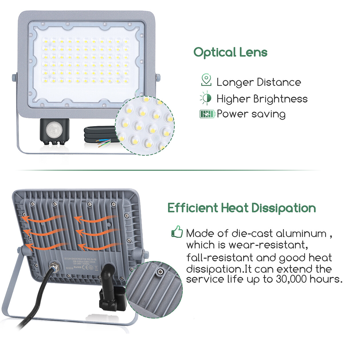 LED Baustrahler mit Sensor - Aigi Zuino - 50 Watt - Kaltweiß 6500K - Wasserdicht IP65 - Schwenkbar - Mattgrau - Aluminium