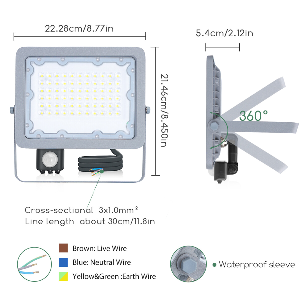 LED Baustrahler mit Sensor - Aigi Zuino - 50 Watt - Kaltweiß 6500K - Wasserdicht IP65 - Schwenkbar - Mattgrau - Aluminium