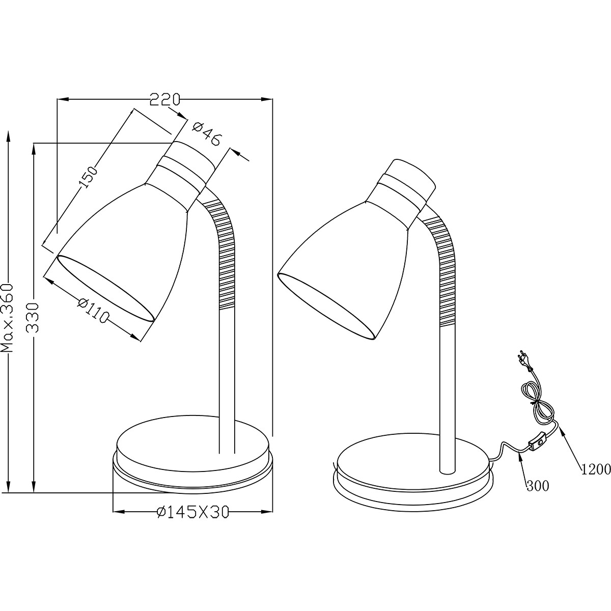 LED Schreibtischlampe - Tischbeleuchtung - Trion Himaya - E27 Fassung - Rund - Matt Schwarz - Aluminium