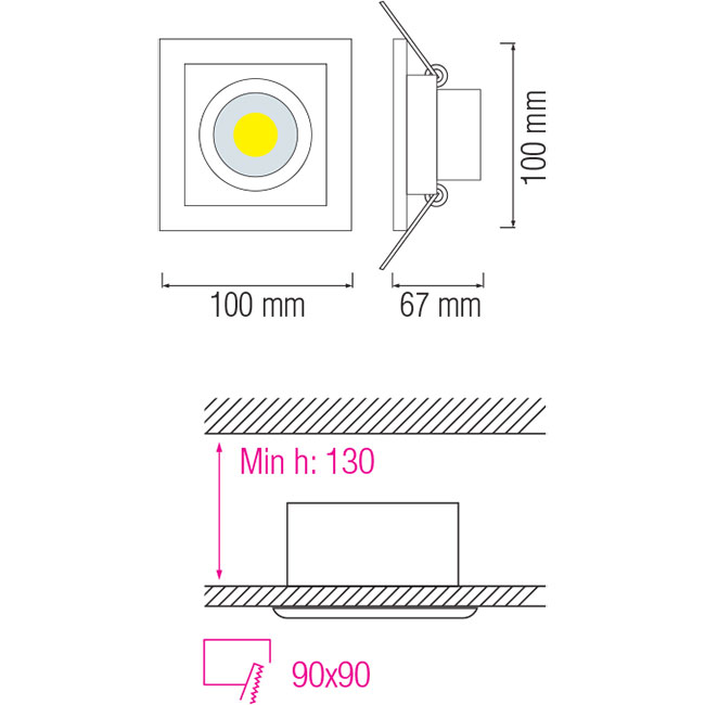 LED Spot - Einbaustrahler - Quadratisch 8W - Warmweiß 2700K - Mattweiß Aluminium - Kippbar 100mm