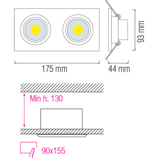 LED Spot - Einbaustrahler Doppel - Rechteckig 10W - Tageslicht 6400K - Mattweiß Aluminium - Kippbar 175x93mm