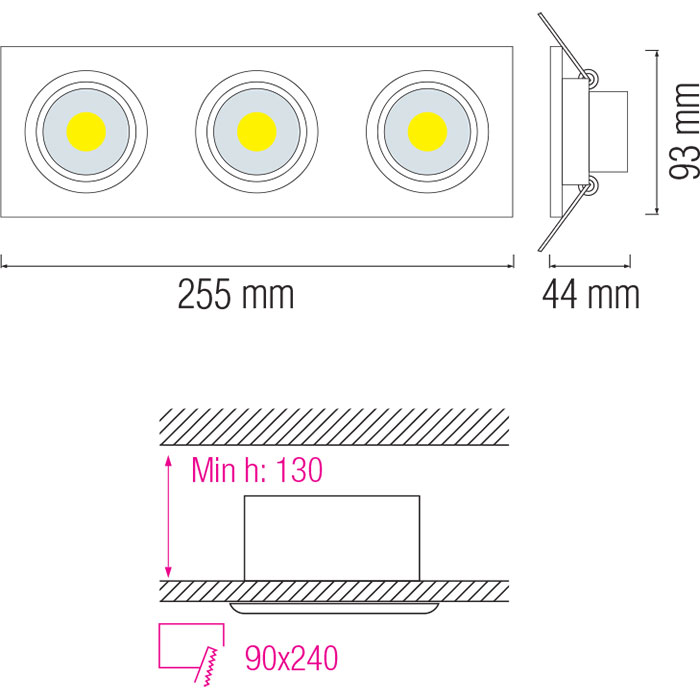 LED Spot - Einbaustrahler 3-flammig - Rechteckig 15W - Tageslicht 6400K - Mattweiß Aluminium - Kippbar 255x93mm