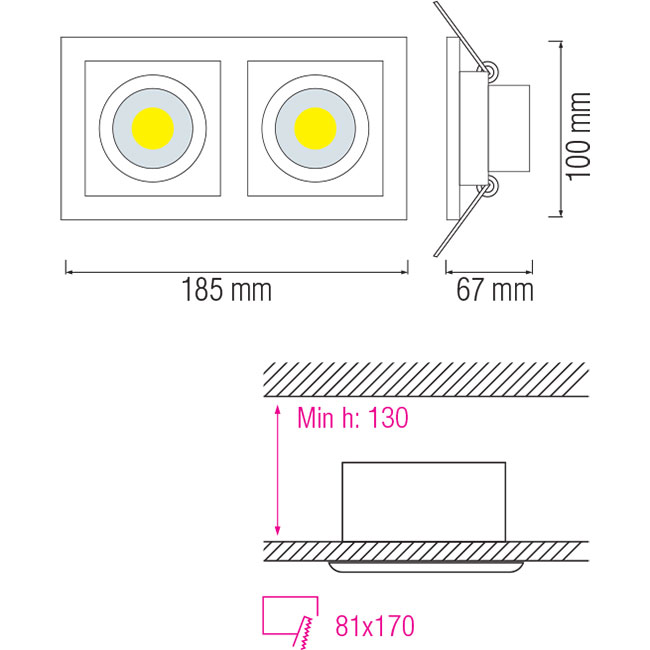 LED Spot - Einbaustrahler Doppel - Rechteckig 16W - Tageslicht 6400K - Mattweiß Aluminium - Kippbar 185x100mm