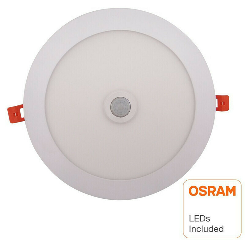 LED Downlight Slim - Facto Dury - PIR Bewegungssensor 360° + Tag und Nacht Sensor - 18W - Warmweiß 3000K - Einbau - Rund - Mattweiß - OSRAM LEDs