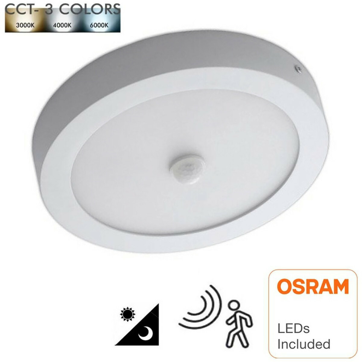 LED Downlight - Facto Dury - PIR Bewegungssensor 360° + Tag und Nacht Sensor - Anpassbare Leistung - Anpassbare Lichtfarbe - Aufbau - Rund - Matt Weiß - OSRAM LEDs