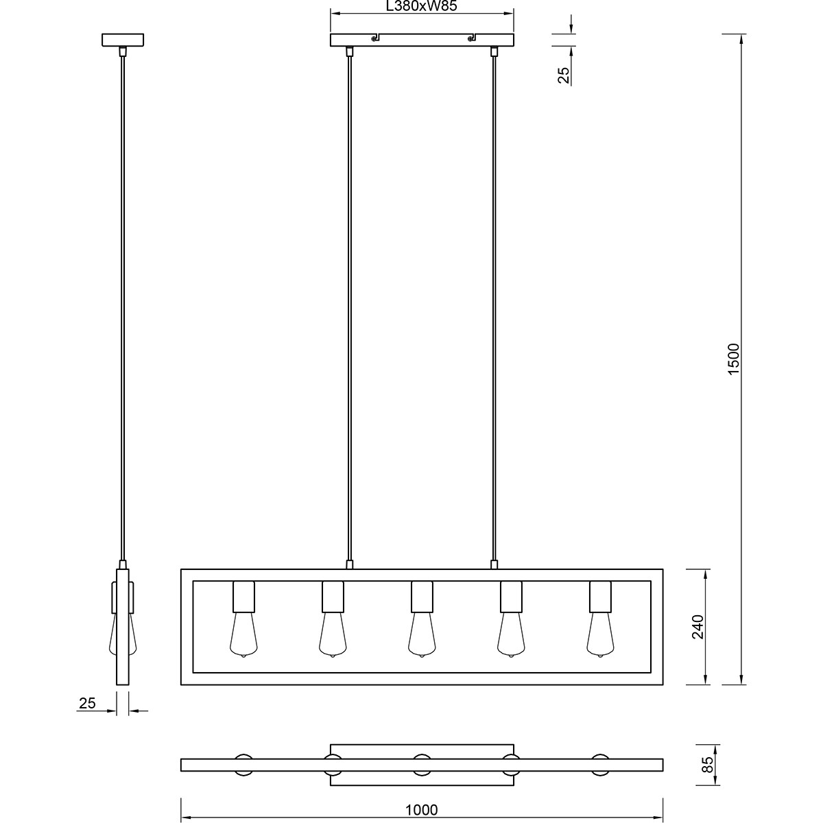 LED Hängelampe - Hängeleuchte - Trion Aplon - E27 Fassung - 4-flammig - Rechteck - Matt Schwarz - Aluminium