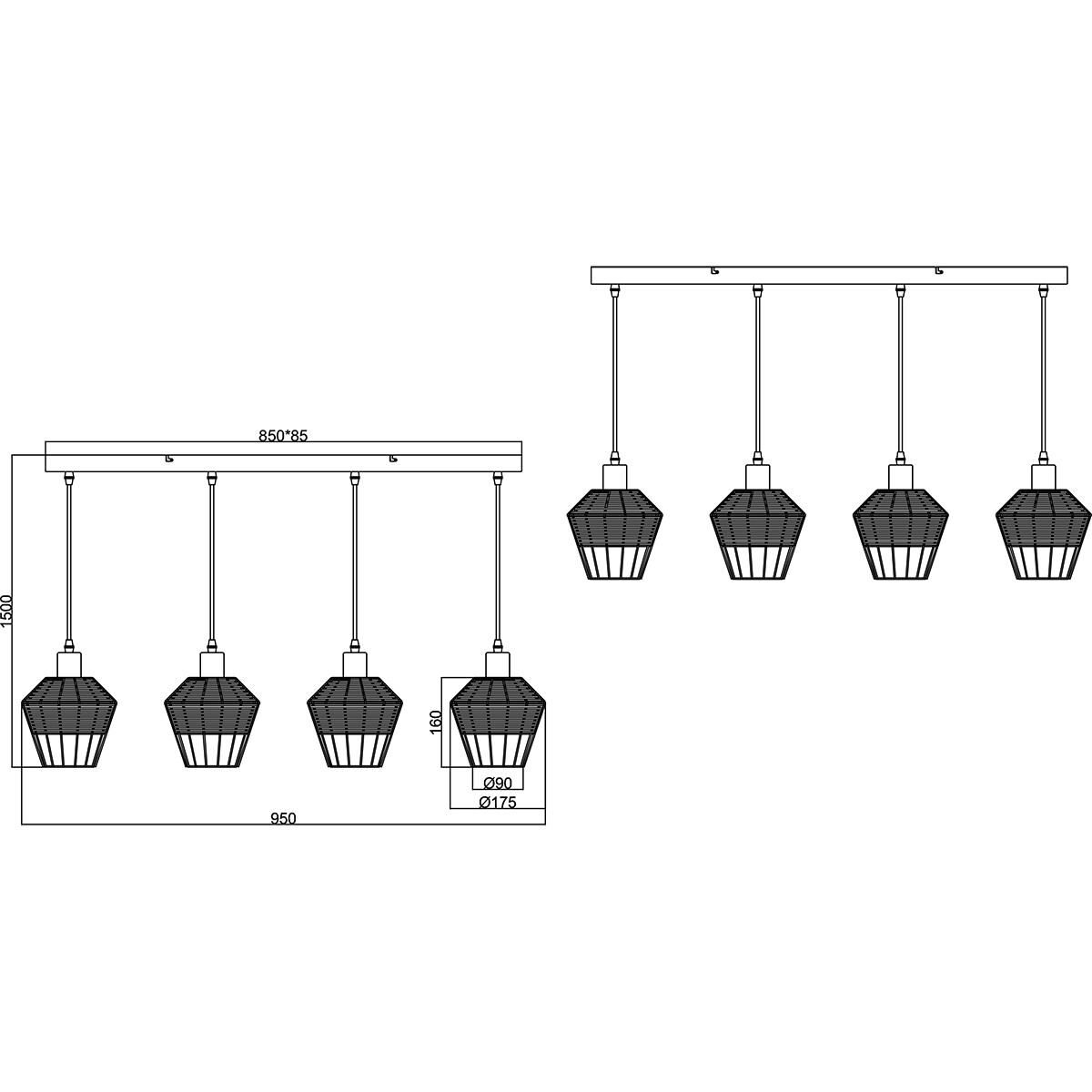 LED Hängelampe - Hängeleuchte - Trion Bera - E27 Fassung - 4-flammig - Rechteck - Braun - Aluminium