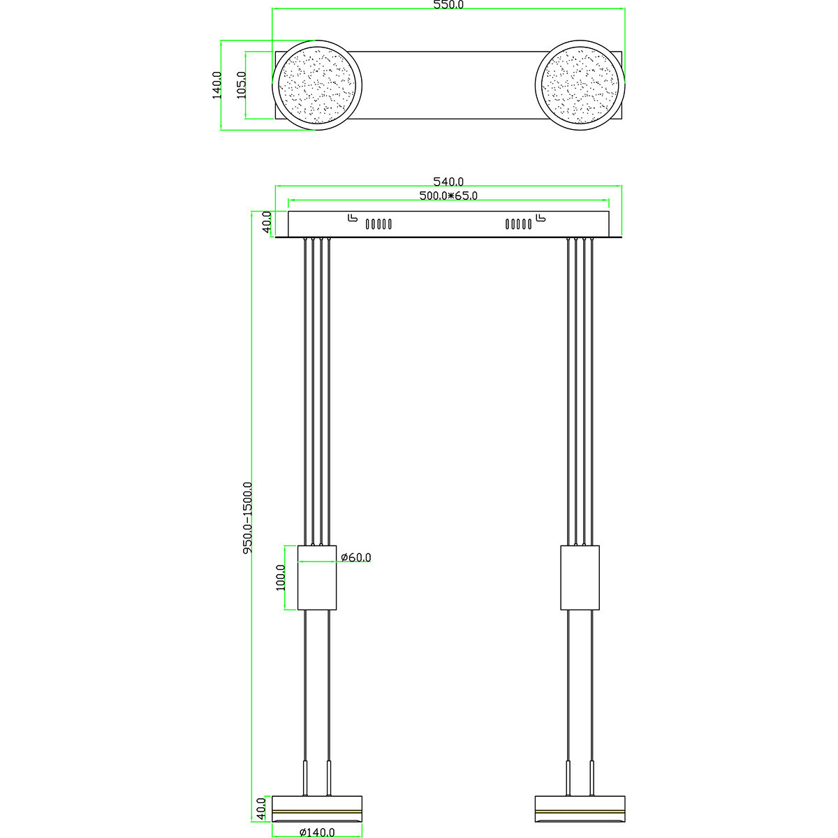 LED Hängelampe - Hängeleuchte - Trion Franco - 14.4W - 2-flammig - Warmweiß 3000K - Dimmbar - Rund - Matt Anthrazit - Aluminium