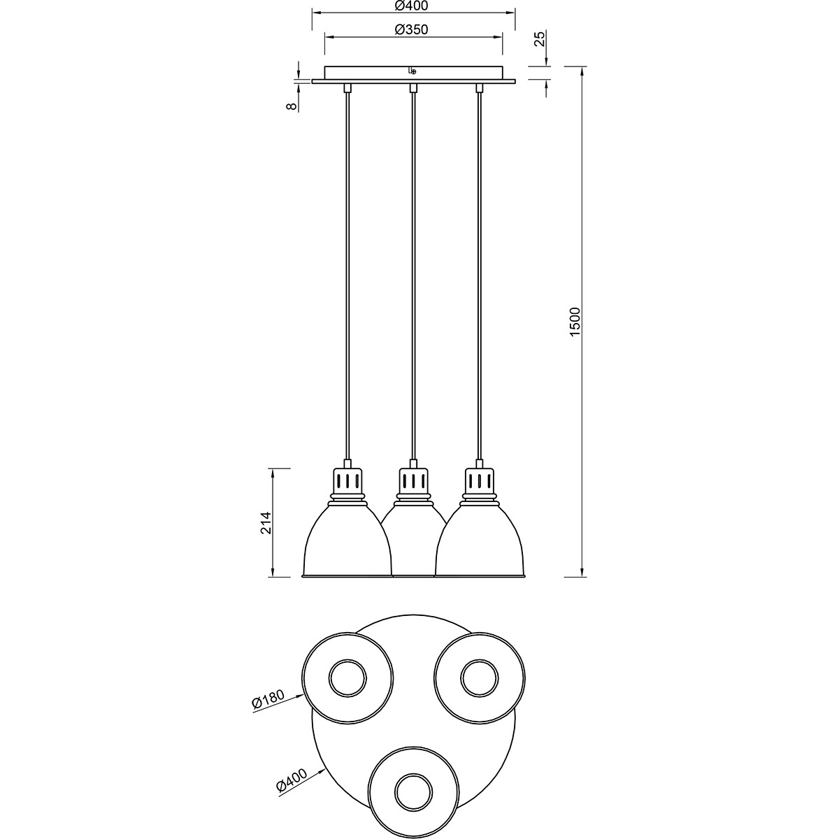 LED Hängelampe - Hängeleuchte - Trion Handoll - E27 Fassung - 3-flammig - Rund - Matt Schwarz - Aluminium