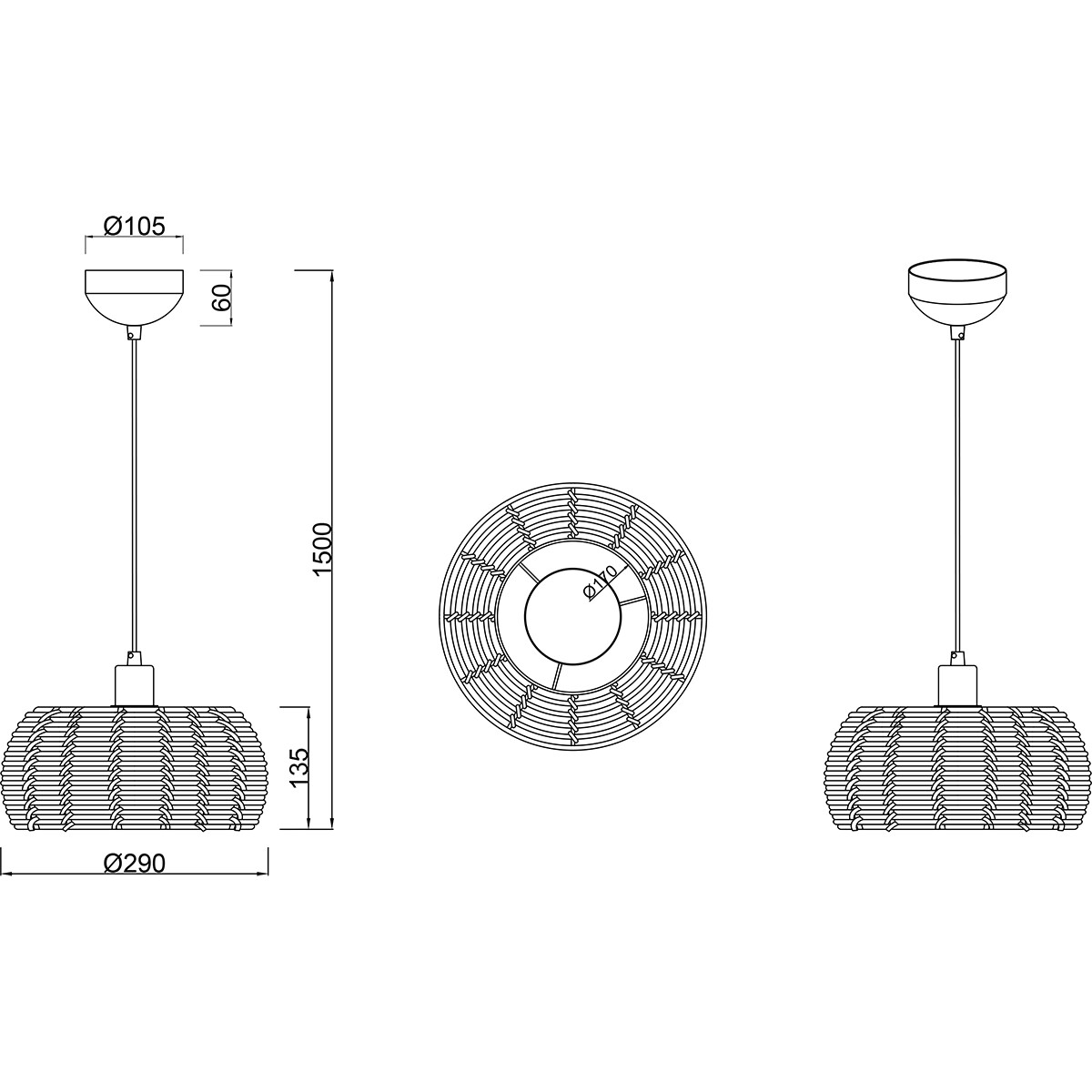 LED Hängelampe - Hängeleuchte - Trion Irene - E27 Fassung - 1-flammig - Rund - Braun - Holz