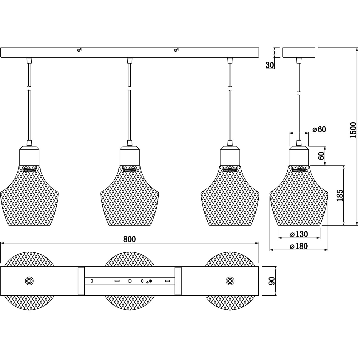 LED Hängelampe - Hängeleuchte - Trion Jenna - E27 Fassung - 3-flammig - Rechteck - Matt Schwarz - Aluminium