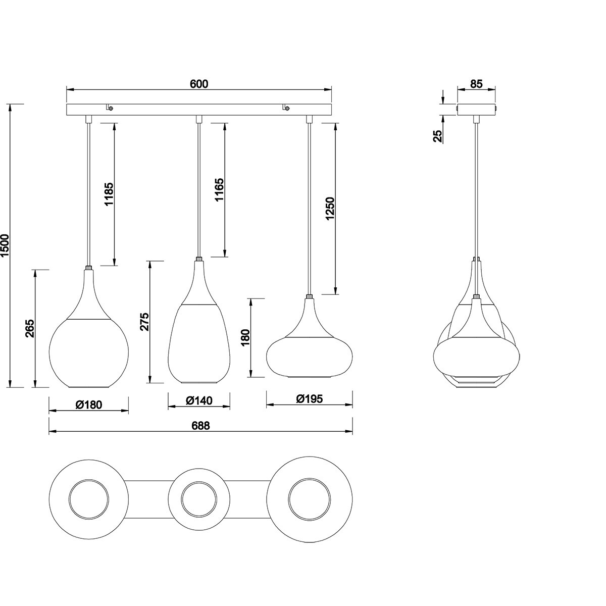 LED Pendelleuchte - Pendelbeleuchtung - Trion Lidia - E14 Fassung - 3-Licht - Rund - Matt Schwarz - Metall