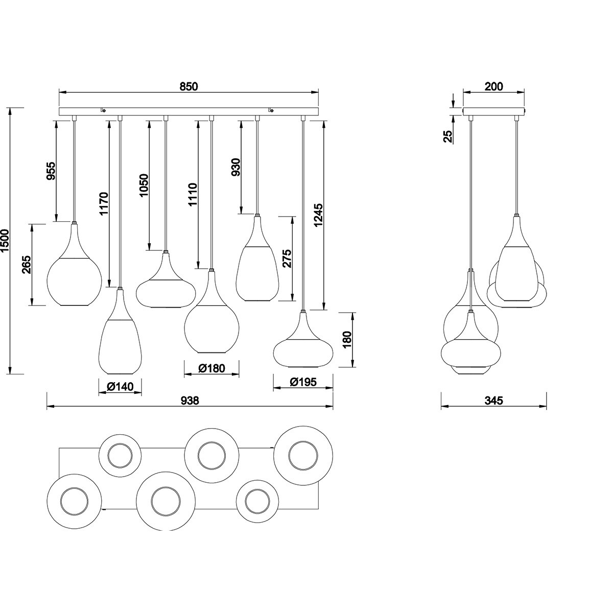 LED Pendelleuchte - Pendelbeleuchtung - Trion Lidia - E14 Fassung - 6-Licht - Rund - Matt Schwarz - Metall