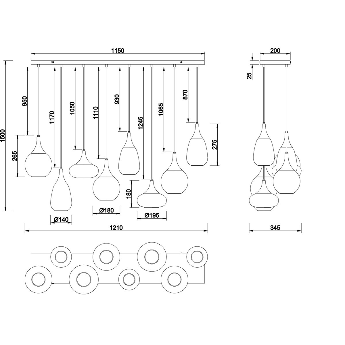 LED Pendelleuchte - Pendelbeleuchtung - Trion Lidia - E14 Fassung - 8-Licht - Rund - Matt Schwarz - Metall