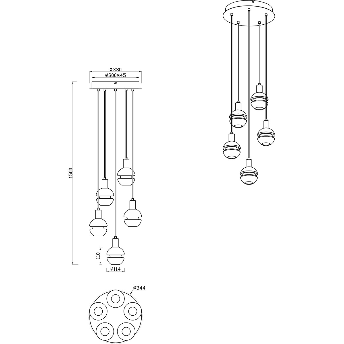 LED Hängelampe - Hängeleuchte - Trion Merda - E14 Fassung - 5-flammig - Rund - Matt Schwarz - Aluminium